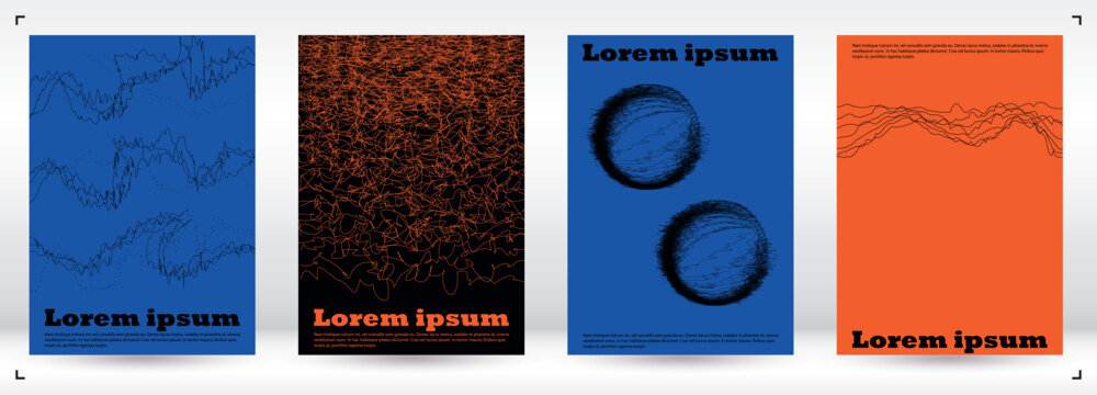 Set of Minimal Vector Brochure Design with Circles and Wave Lines. Modern Background with Geometry Lines. Good for Business Template or Nightlife Placard. Hipster Style. Gentle Retro Pink Blue