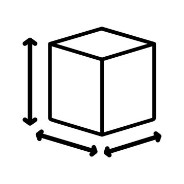 Cube size icon. Box dimension measurement. Height, width, length. Outlined vector design isolated illustration.
