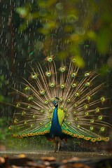 Obraz premium Majestic Peacock Displaying Vibrant Feathers Amidst a Rainy Forest Environment, Symbolizing Beauty and Elegance in Natures Splendor.