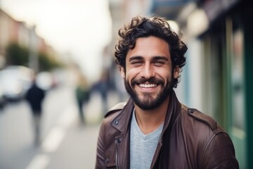 Portrait of a handsome young man smiling at the camera on the street