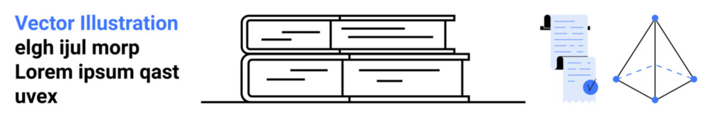 Stack of books in black outlines, document with blue checkmarks, geometric shape diagram. Ideal for education, learning, school projects, academic materials, instructional design, study aids