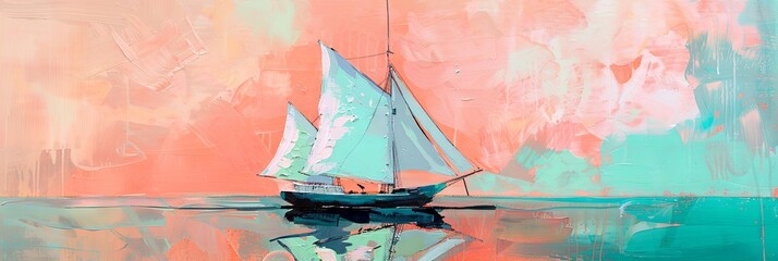 Serene Sailboat Gliding Across Calm Waters with Vibrant Pastel Sky - Tranquil Seascape Art for Coastal Decor and Relaxation Themes