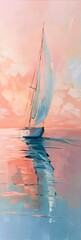 Serene Seascape: A Majestic Sailboat Gliding Through Calm Waters at Sunrise, Bathed in Soft Pink and Blue Tones with Reflections on the Waters Surface.