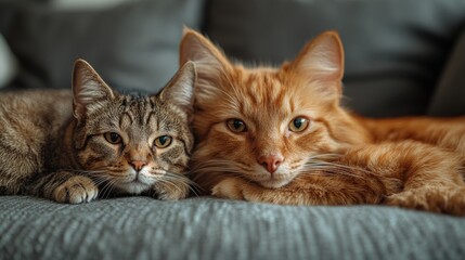 Two cats cuddling on a cozy couch, showcasing companionship.
