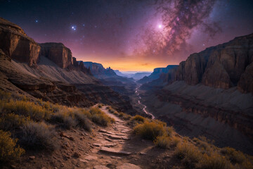 Obraz premium Steep path near canyon under a golden planet; faint cosmic mist and eerie purple glow create a mystical sky