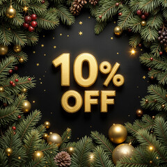 3d 10% off golden banner. Christmas sale. Inscription. Discount. Winter sale. New Year sale