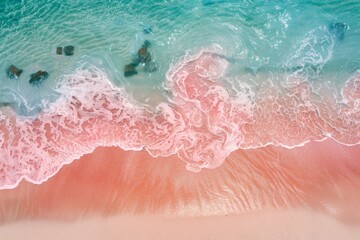 Fototapeta premium Stunning Aerial View of Serene Waves Gently Lapping Against a Pink Sandy Shoreline with Crystal Clear Turquoise Waters and Rock Formations Beneath