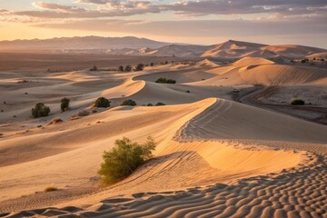 Captivating Desert Landscape with Sweeping Dunes and Intricate Textures Under a Clear Blue Sky