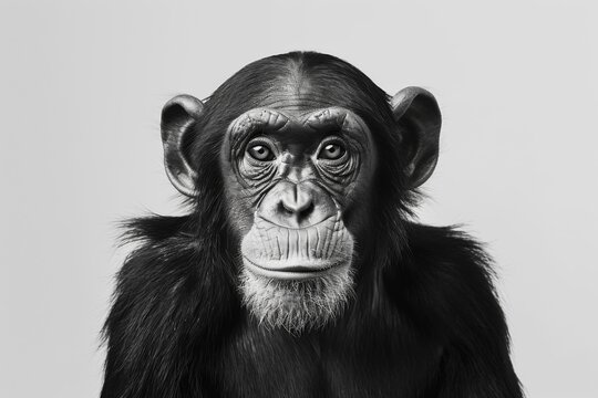 Stunning Close-Up Portrait of a Thoughtful Chimpanzee Against a Minimalist Gray Background, Highlighting Its Intriguing Facial Expressions and Features.