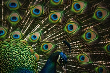 Obraz premium Stunning Peacock with Vibrant Plumage Displaying Majestic Feathers in a Natural Setting, Capturing the Beauty of Wildlife and Natures Colors