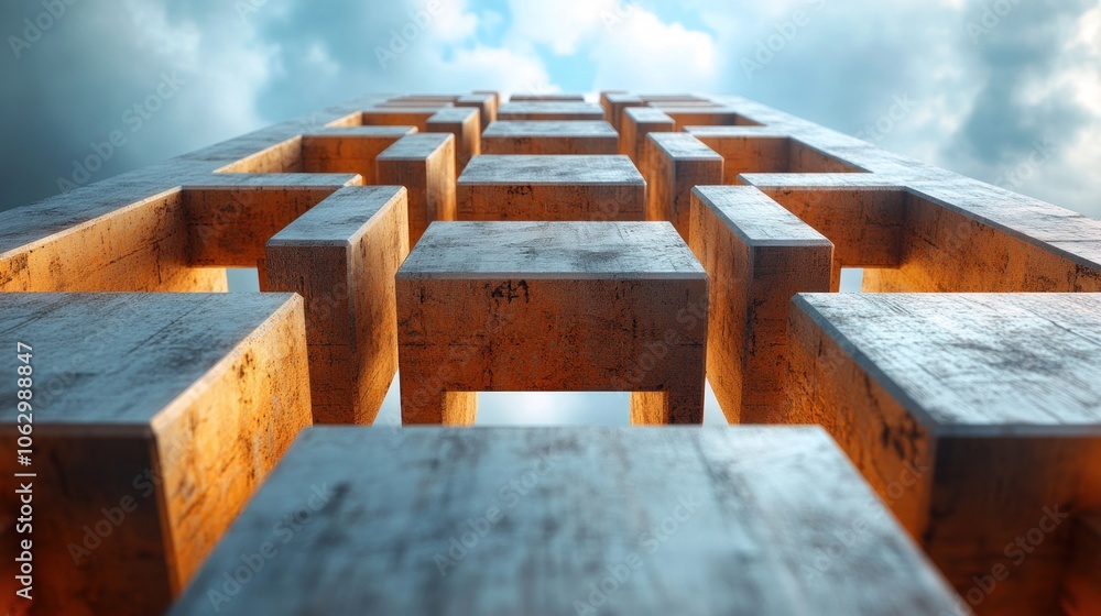 Poster abstract structure with illuminated blocks against a cloudy sky.