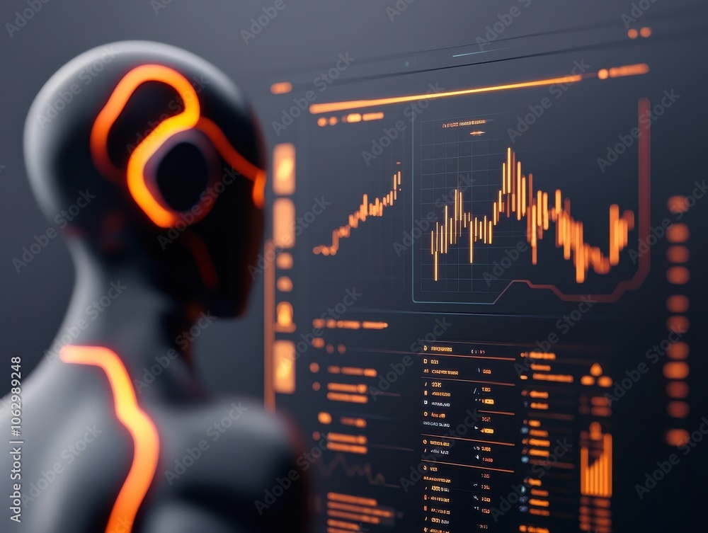 Poster a futuristic figure analyzes data visualizations on a sleek digital interface, showcasing trends and
