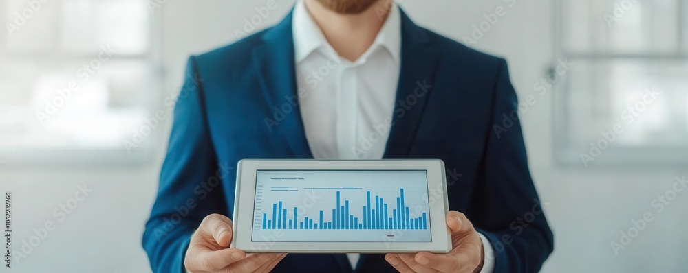 Poster a business professional in a suit holds a tablet displaying a data graph, indicating analysis and in