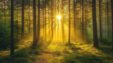 Obraz premium Sunbeams breaking through the trees in a misty forest.