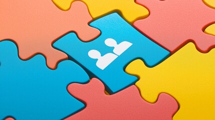 Fototapeta premium Colorful puzzle pieces with a blue piece featuring two icons symbolizing teamwork and collaboration.