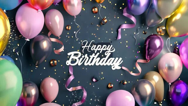 Happy birthday text with colorful balloons on a festive dark background