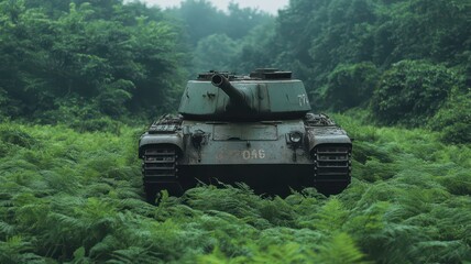 Fototapeta premium Abandoned tank surrounded by lush overgrowth, a haunting reminder of the past in nature's embrace.