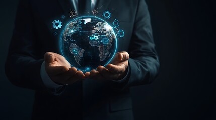 Businessman holding a digital world map with gear icons