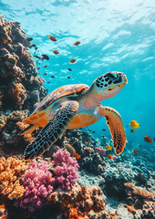 Obraz premium Ocean Bliss, Capturing the Joyful Spirit of Sea Turtles Gliding Through Water