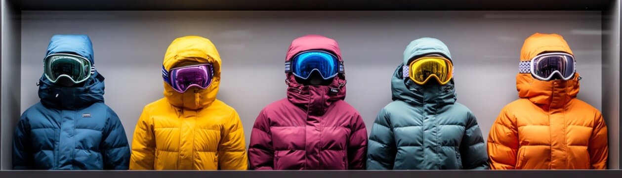 Colorful winter jackets lined up with ski goggles, showcasing vibrant outdoor gear for extreme weather conditions in a stylish display.