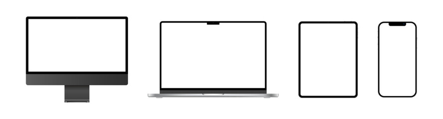 Apple iMac, Macbook Pro, iPad, and iPhone realistic desktop laptop tablet pc and smartphone mockup collection. Set of modern devices with blank screen vector illustration