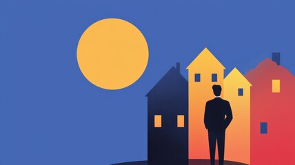 Fototapeta premium A silhouette of a person stands before colorful houses under a bright yellow sun, illustrating a serene and contemplative atmosphere.
