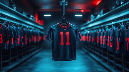 Naklejka premium Sports T-shirts with Numbers Hanging, Await Athletes in Football Locker Room