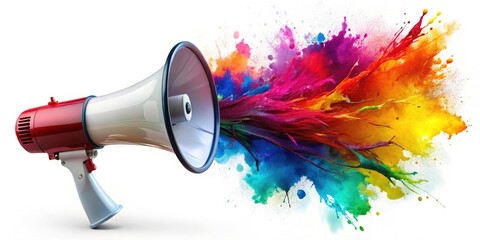 Vibrant Communication: Double Exposure of a Megaphone with Colorful Paint Splashes for Creative Announcements and Expression in a Minimalist Style