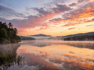 Obraz premium Serene Lake Landscape in Gentle Mist with Warm Light Reflecting on Calm Water at Dawn or Dusk