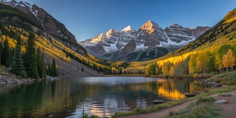 Fototapeta premium Serene Evergreen Forests with Vibrant Autumn Foliage Surrounding a Tranquil Maroon Lake Scene