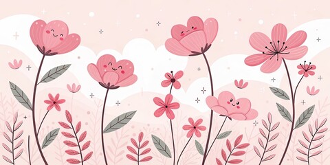 minimalist cute cartoon pink flowers background