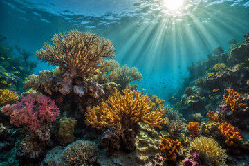 Fototapeta premium A stunning underwater coral garden filled with branching, brain, and fan corals in vivid colors. Sunlight beams from above, creating a peaceful, ethereal underwater scene