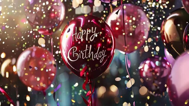 Happy birthday text on festive background with gold and pink balloons and golden confetti