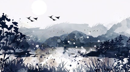 Majestic Misty Mountain Peaks in Traditional Chinese Ink Wash Landscape Painting Style