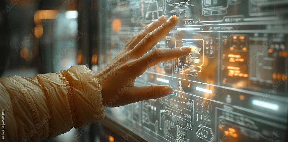 Aufkleber a person touches a transparent screen with diagrams on it.