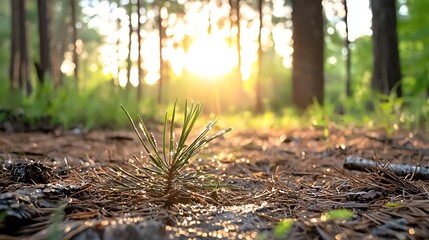 Fototapeta premium Tiny dew droplets on pine needles, highdefinition macro, sharp contrasts, blurred soft background, peaceful forest atmosphere