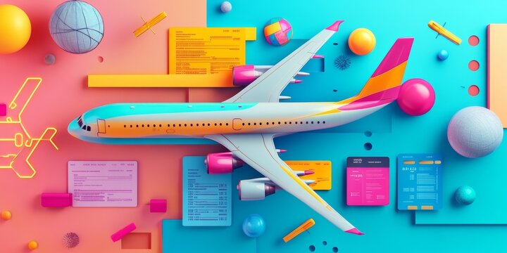 A colorful 3D picture of an airplane and boarding passes, representing the idea of global travel by plane.