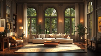 Fototapeta premium Cozy living room with large windows and natural light.