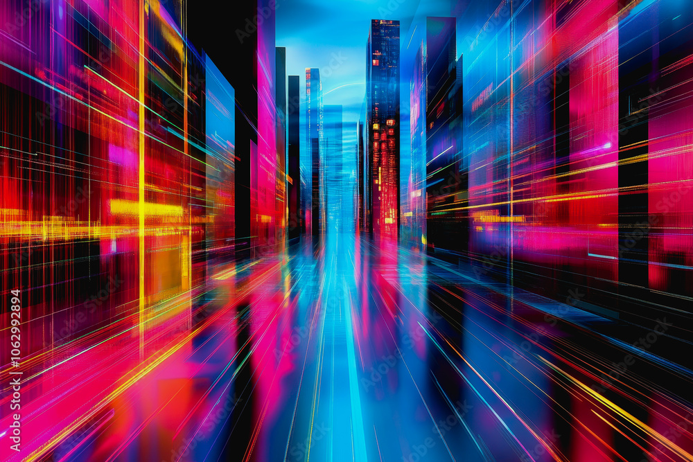 Poster this abstract digital artwork features vibrant geometric blocks with dynamic colors and lights, crea