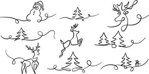 Abstract Christmas single line art flourishes , vector winter swirl decorative holiday clip art elements, isolated ink illustrations set