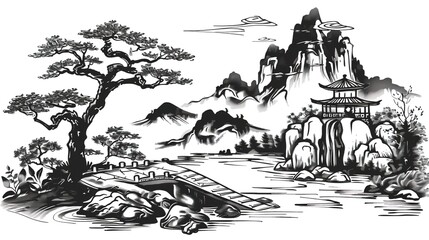 Obraz premium Majestic Misty Mountain Peaks in Traditional Chinese Ink Wash Landscape Painting Style