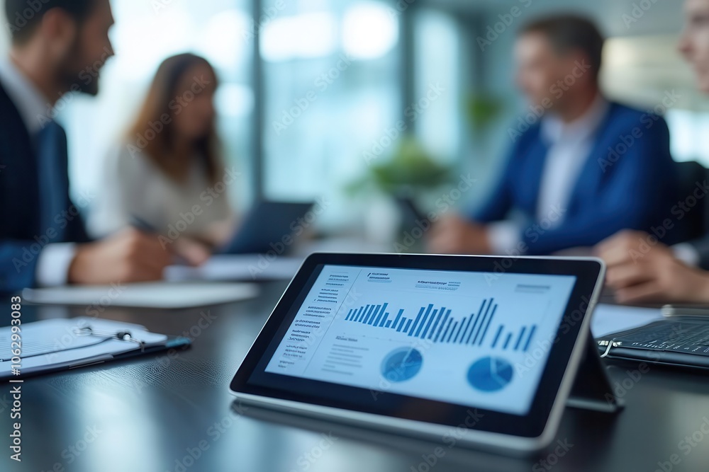 Poster a group of professionals engaged in a meeting, focusing on a digital tablet displaying graphs and da