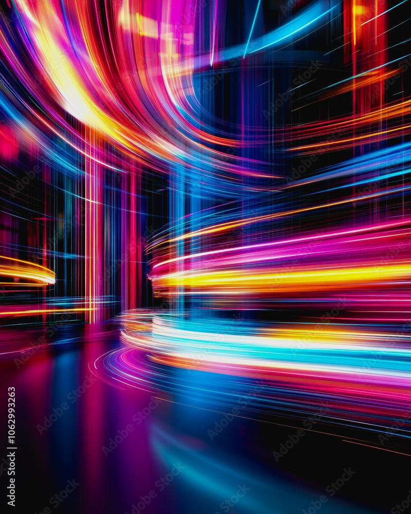 Poster explore this abstract digital artwork featuring vibrant geometric blocks and dynamic light patterns.