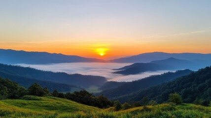 Fototapeta premium Mesmerizing sunrise illuminating a tranquil mountain valley, wrapped in serene stillness and breathtaking beauty.