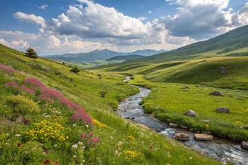 Fototapeta premium Soft Natural Light Illuminates a Vibrant Spring Landscape with Rolling Hills and Blooming Flowers