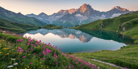 Fototapeta premium Soft pastel hues paint a tranquil scene over Lake Zell surrounded by majestic mountains at dusk
