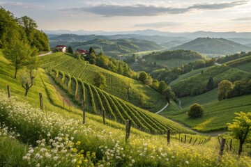 Soft Spring Sunlight Illuminates Lush Green Vines Cascading Down Undulating Surfaces in Nature