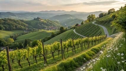 Fototapeta premium Soft Spring Sunlight Illuminating Lush Green Vines Cascading Down Undulating Surfaces in Nature