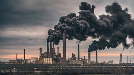A photo of an industrial area with thick black gas emitting from the factories. The gas is billowing out of the chimneys and is enveloping the entire area.Contamination, pollution, environment 