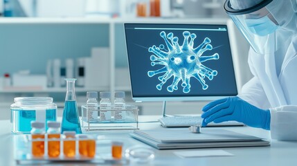 Scientist analyzing virus model on computer in laboratory environment.